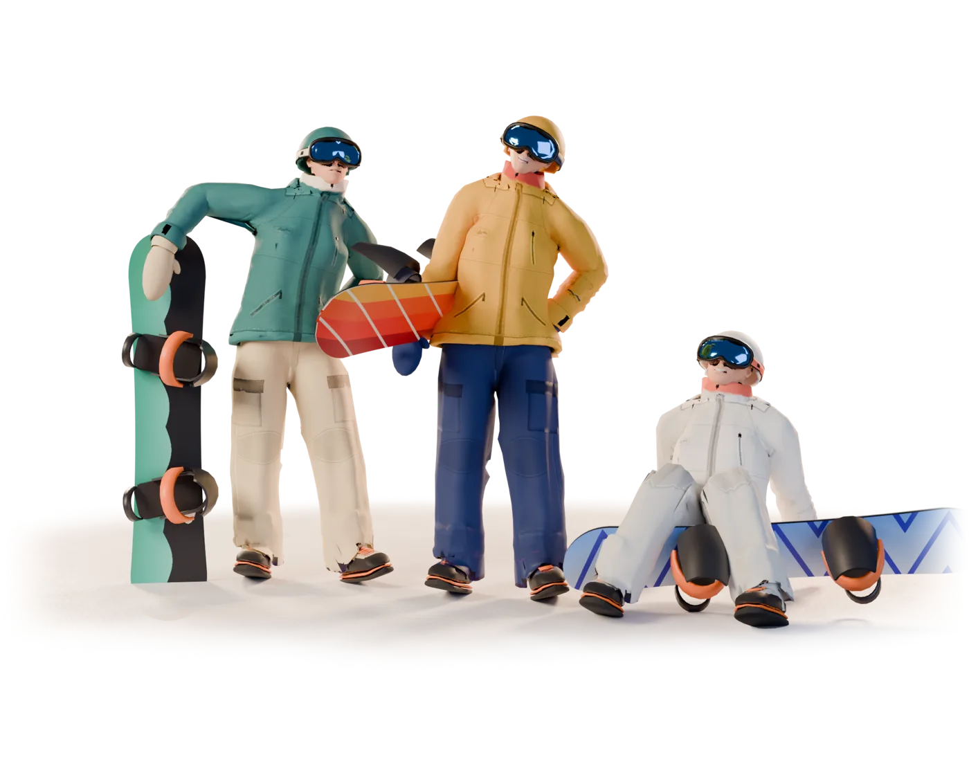 Three Hiutale riders with their snowboards: one leaning on his board, one with hers under her arm, one sitting back in the snow