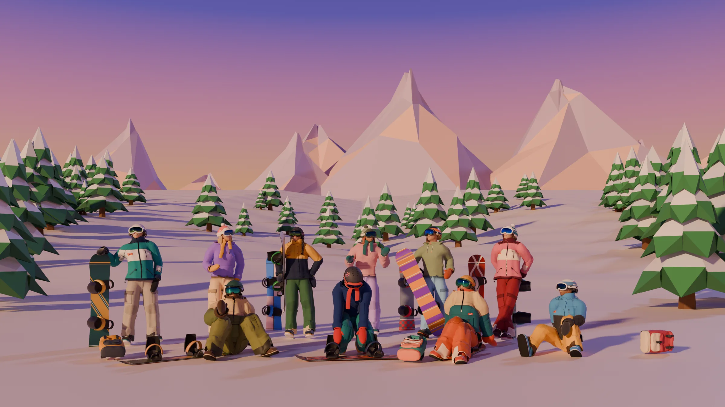 Ten Hiutale riders hanging out with their snowboards in the snow at sunset, firs and mountains behind them