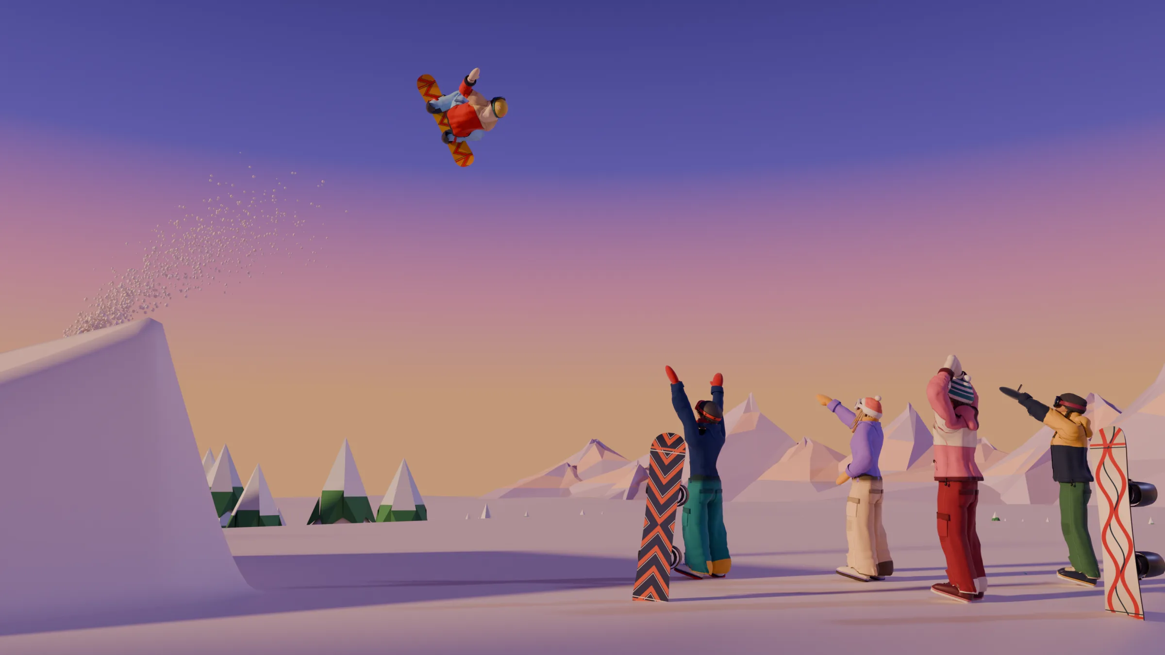 A rider in a red jacket corks upside down high over the kicker, grabbing his board, while four friends on the table throw their arms up, point and film